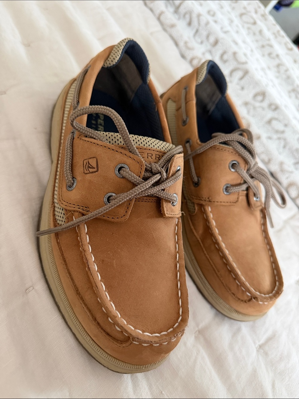 Sperry Kids Tan Leather Boat Shoes with Navy Lining